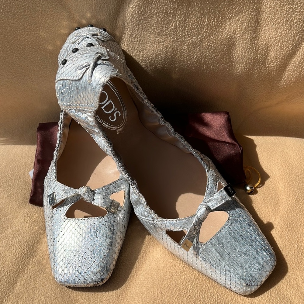 NWOB Tod’s Metallic Silver Snakeskin Degas Flattie Tassel Flats